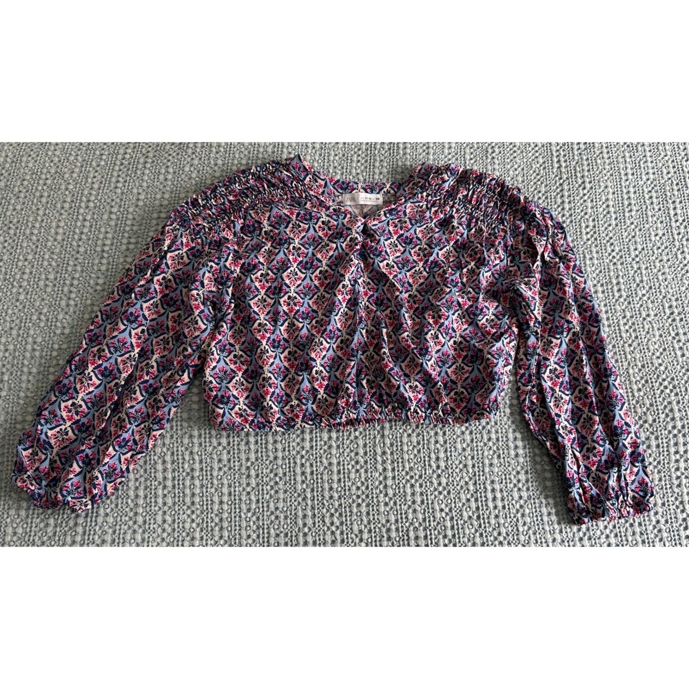 Zara Floral Print Crop Top Smocked Blouse Long Sleeve Girls Size‎ 11-12